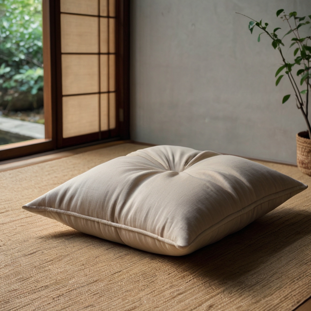 Create a minimalist, Japanese-inspired floor cushion with clean lines and soft fabric. Perfect for a calm, serene ambiance in any room.