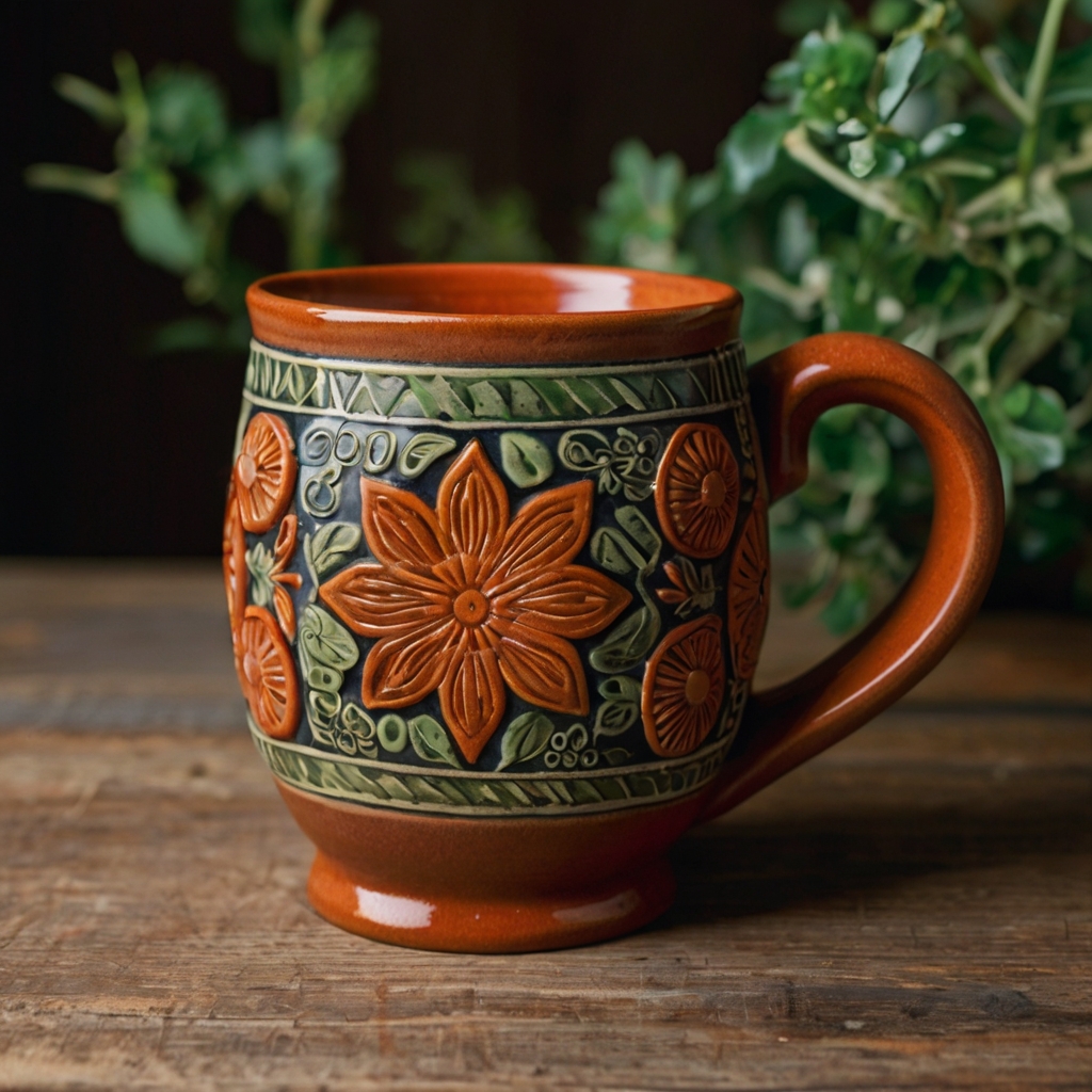 Hand-painted ceramic mug with bold folk art patterns in vibrant reds and greens, softened by the natural light that highlights each detail.