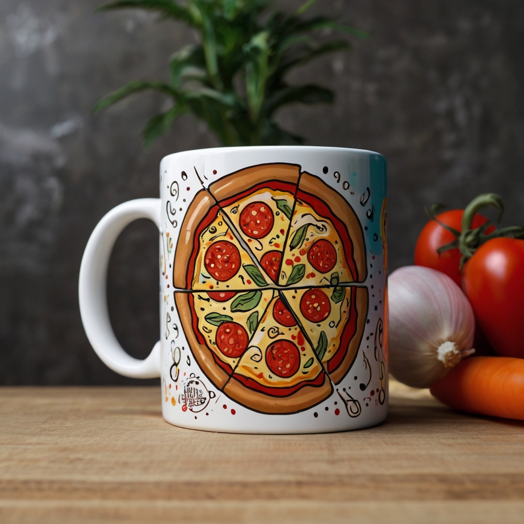 Fun ceramic mug featuring a colorful pizza illustration with gooey cheese and pepperoni, wrapped around the glossy surface.