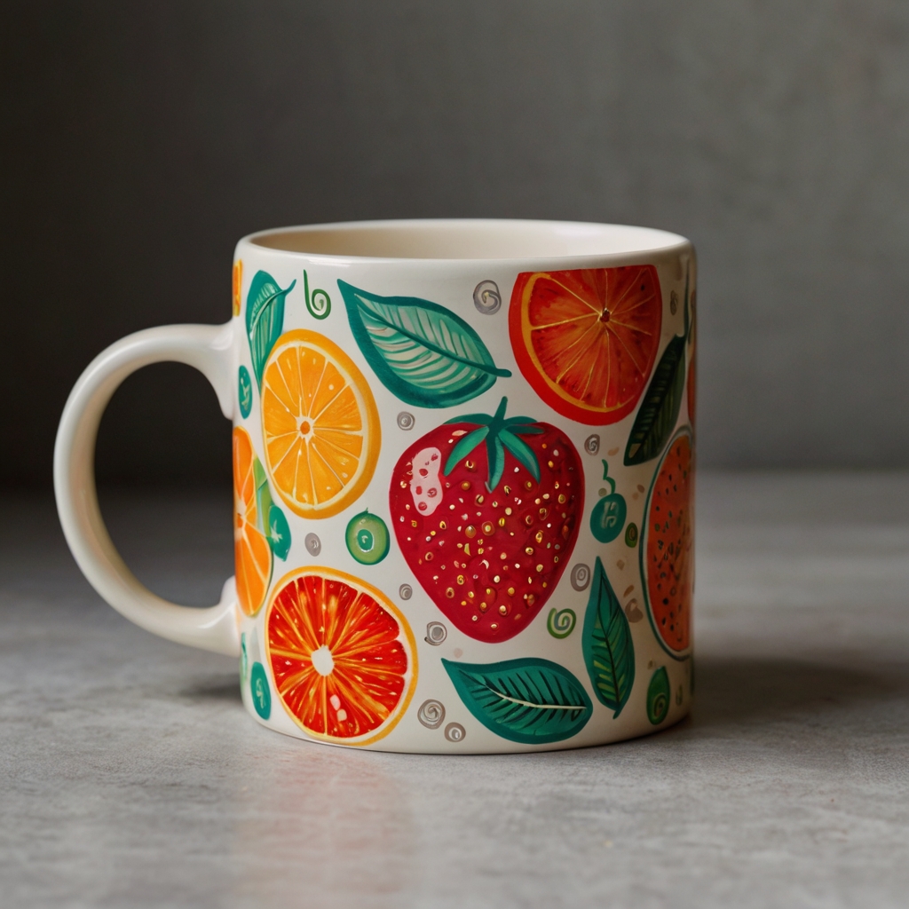 Vibrant ceramic mug featuring playful citrus slices and berries, with a glossy white finish reflecting natural light.