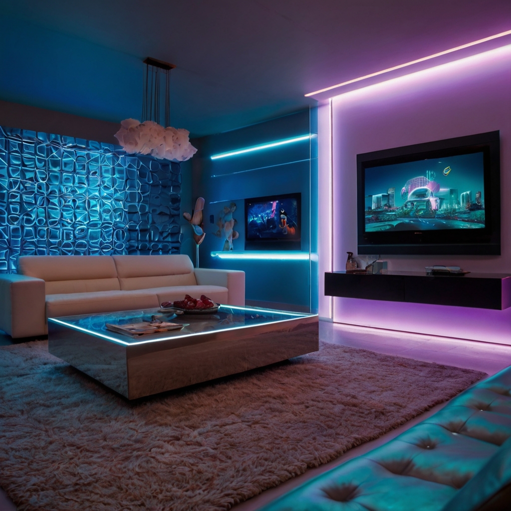 Neon-lit, futuristic TV room with metallic furniture and LED lighting. Low ambient light and neon decor create a high-tech vibe.