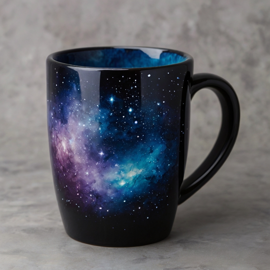 Cosmic-themed ceramic mug with swirling blues and purples, highlighted by shimmering stars, finished with a glossy sheen.