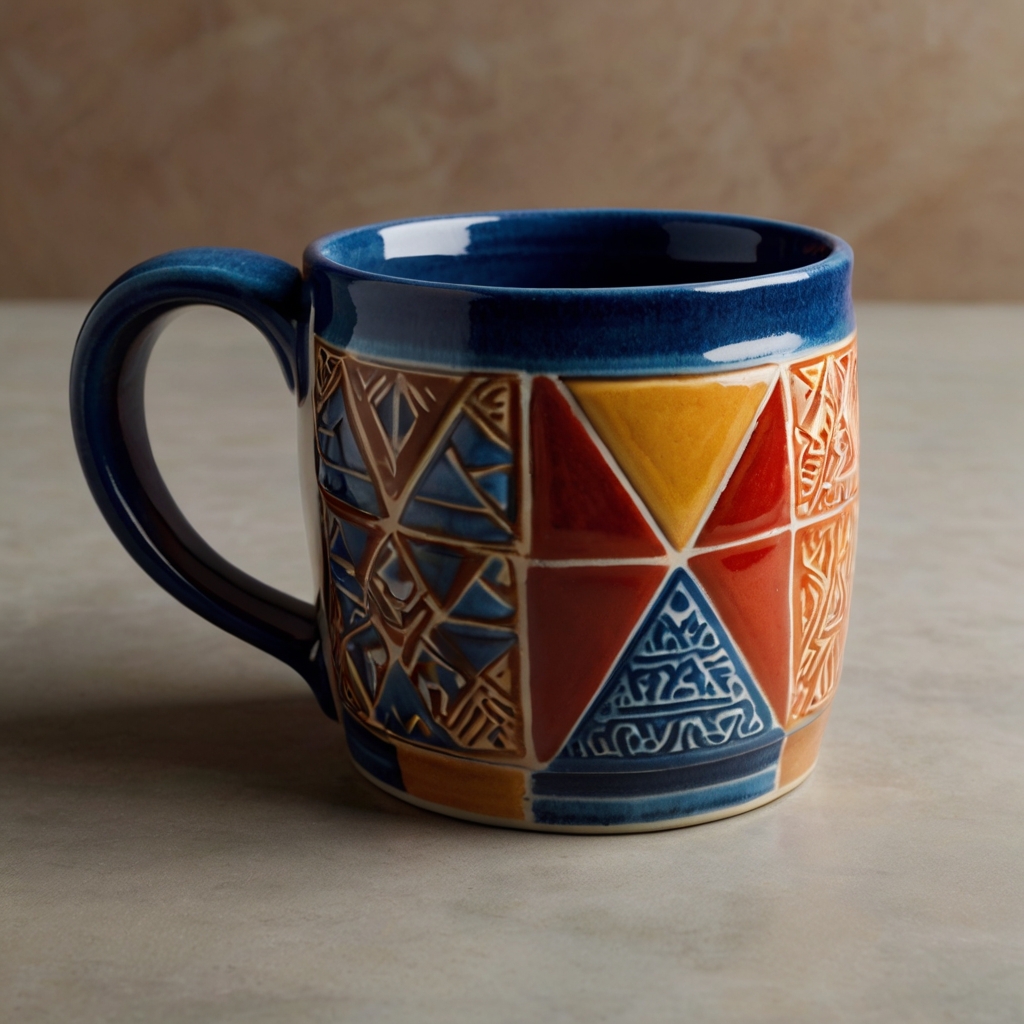 A ceramic mug with bright geometric shapes in sharp, clean lines, creating a modern look with subtle light reflections.