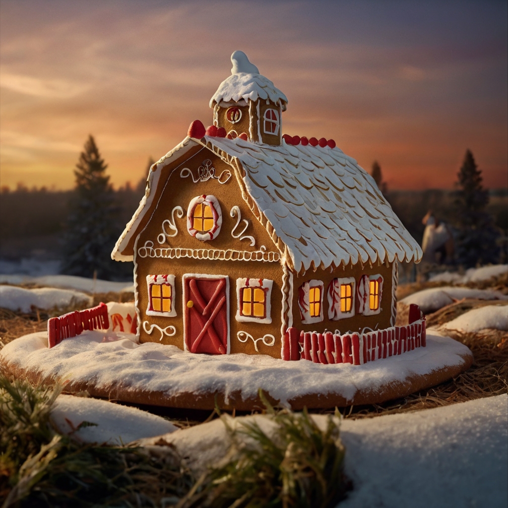 A rustic barn-style gingerbread house painted in red and white, with tiny farm animals nearby. Warm lighting emphasizes the country charm.