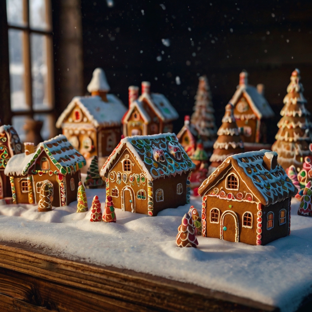 A collection of tiny gingerbread houses painted in unique designs, surrounded by snowy landscapes and trees. Warm, wide-angle lighting illuminates the scene.