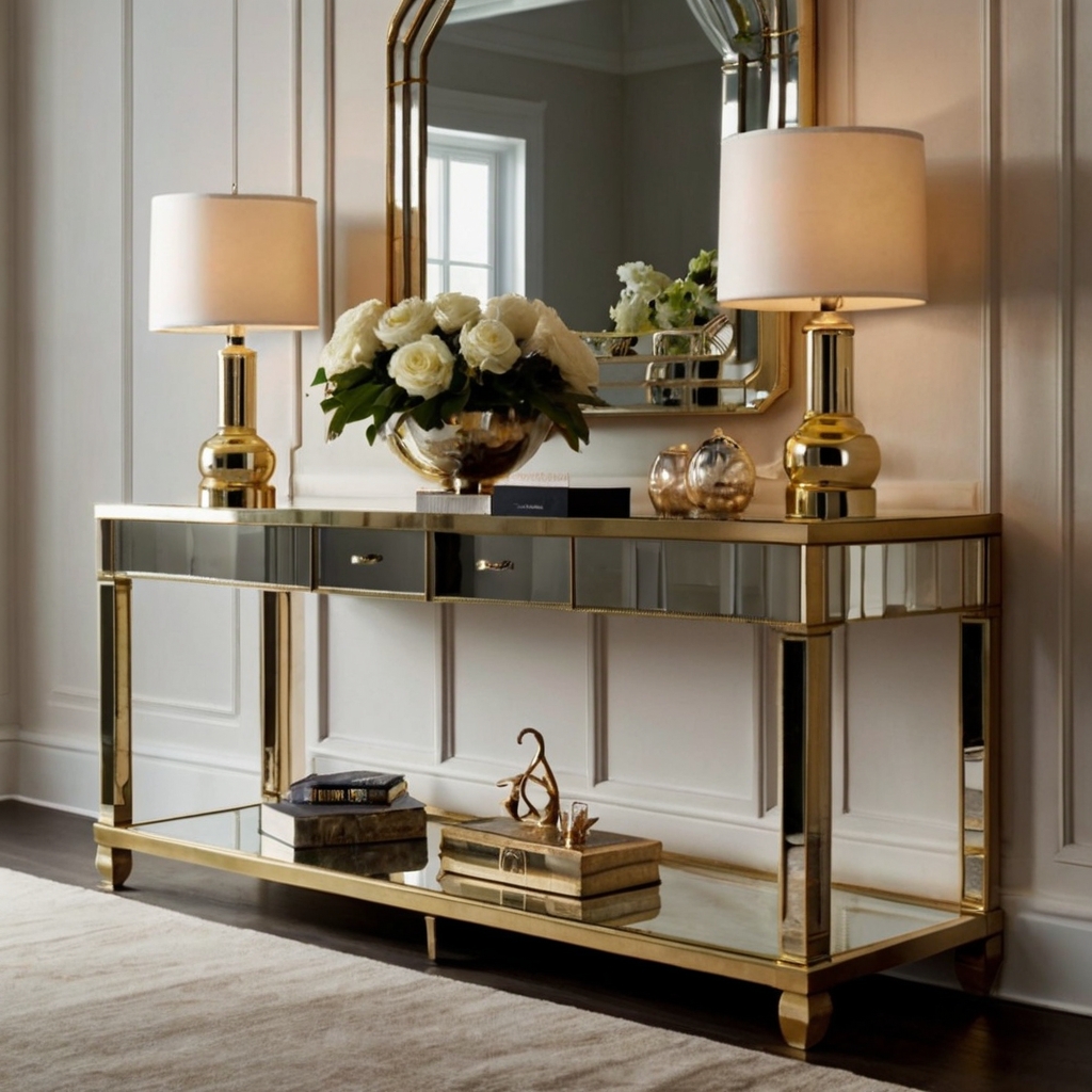 Chic console table with mirrored or gold finishes, adding elegance and functionality to your entryway or hallway décor.