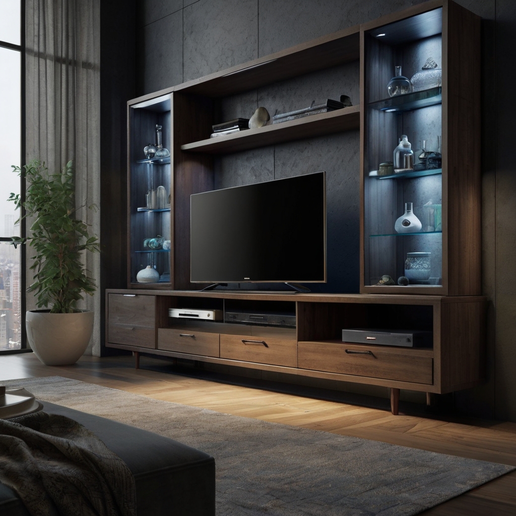 A TV unit with sleek glass-front cabinets for showcasing decor or collectibles. The transparent storage offers a modern, minimalist look while keeping items protected.