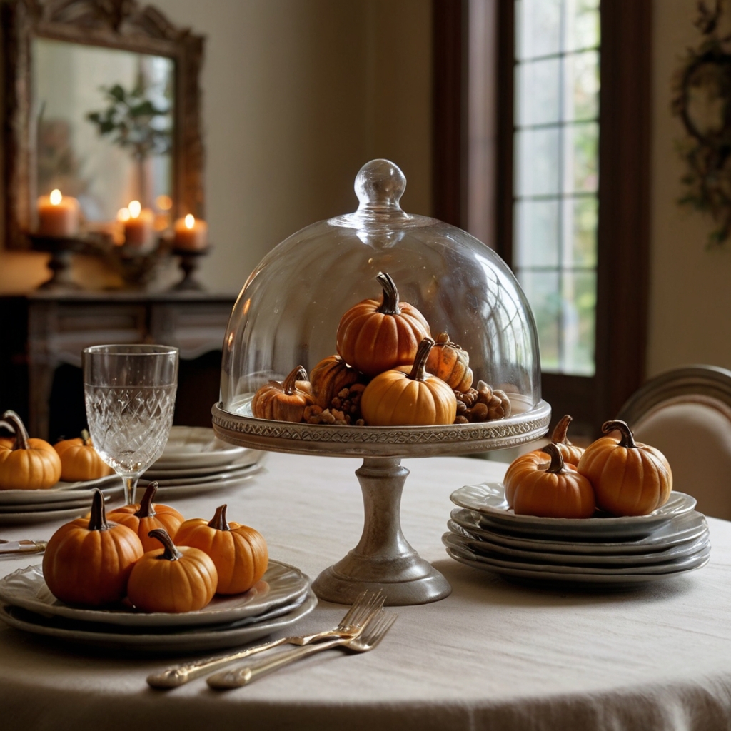 Small decorative items like mini pumpkins or acorns are showcased under glass domes. The domes protect the items while adding an elegant touch to the table.