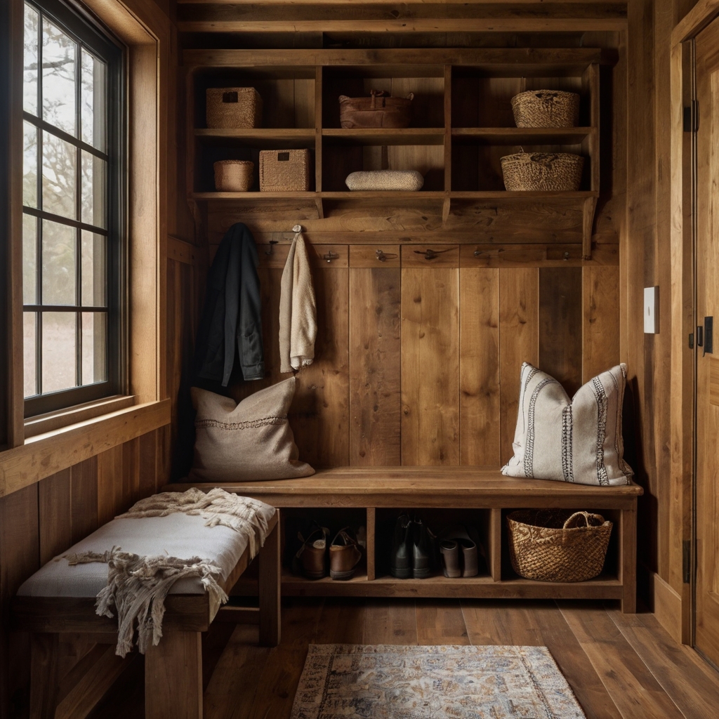 A rustic mudroom with wooden walls and a wooden bench for storage. Soft, warm lighting enhances the natural wood tones and cozy vibe.