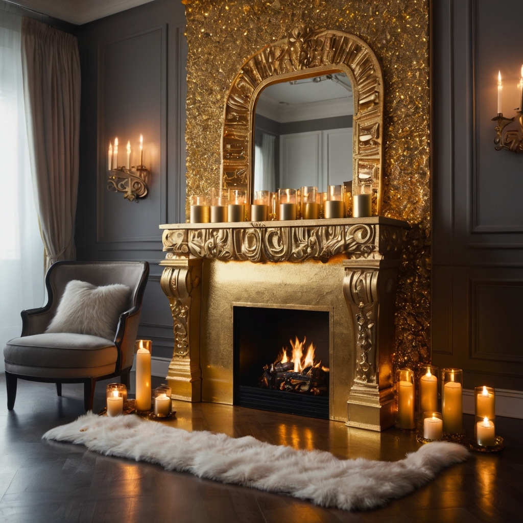 Luxurious cardboard fireplace painted in metallic gold with sparkling accents. A glamorous addition to holiday décor.