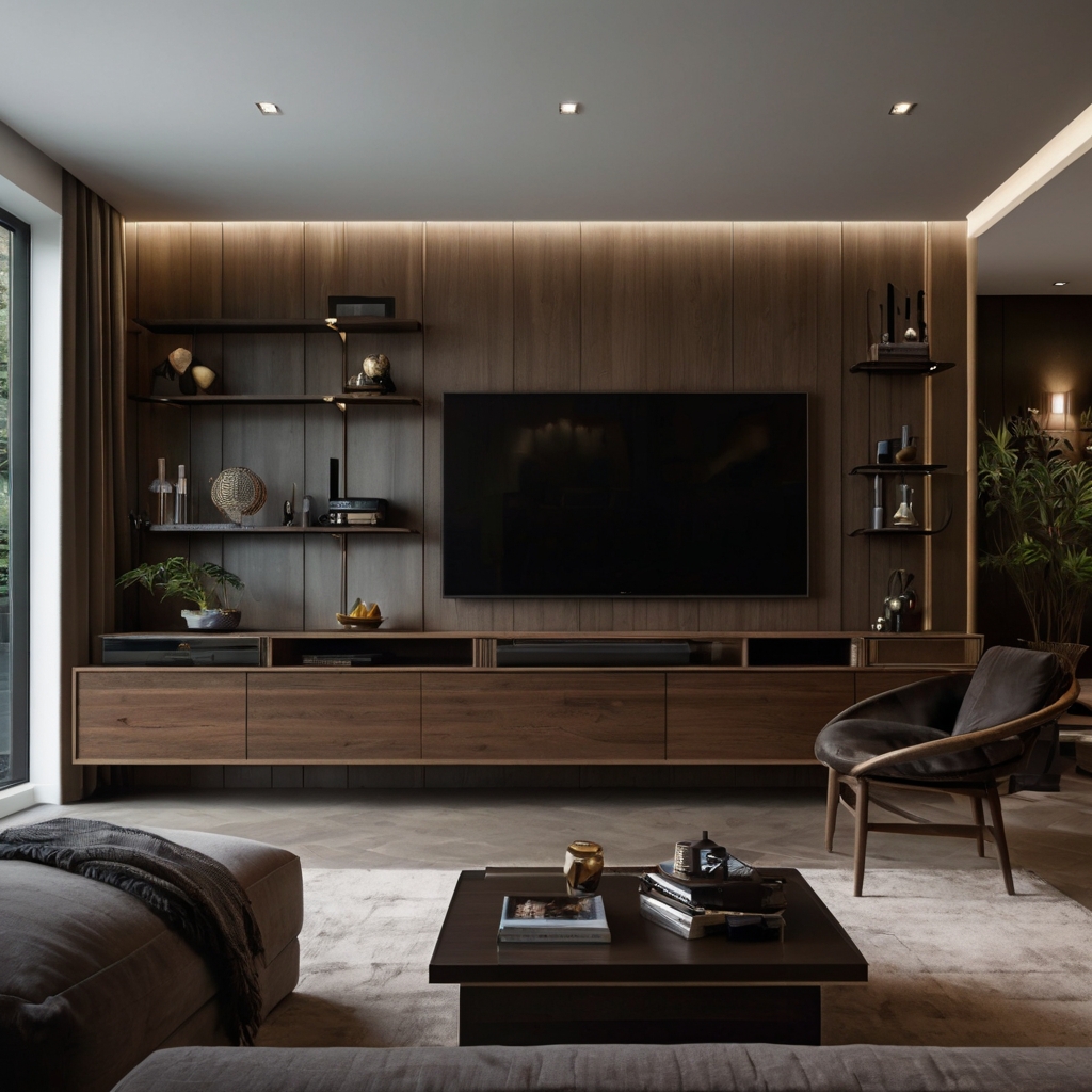 A large-scale TV unit designed to be the centerpiece of an expansive living room. Includes ample storage, lighting, and display options for a grand effect.