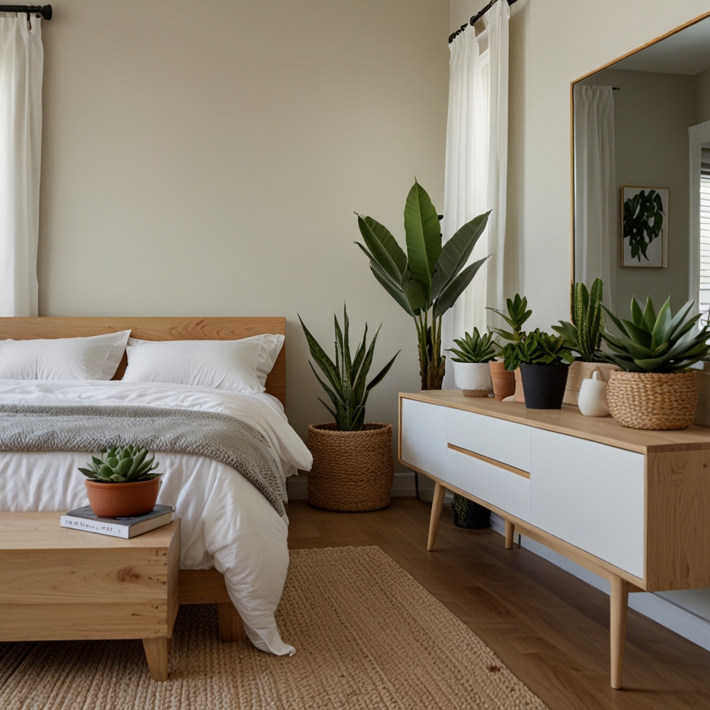 Houseplants like succulents and pothos bring a natural, relaxing touch while improving air quality in the room.