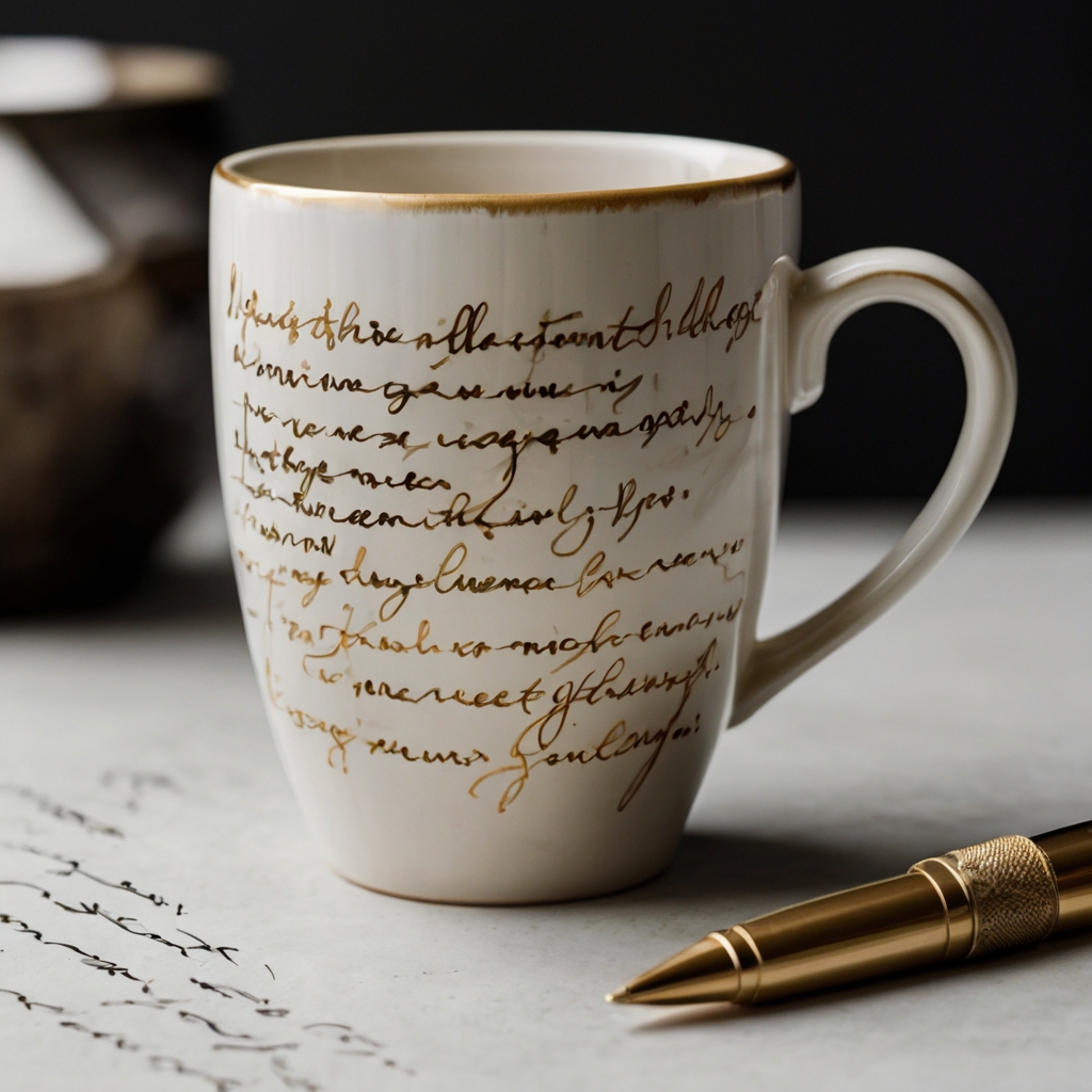 Personalized ceramic mug with a heartfelt handwritten message, finished with soft natural light to highlight the elegant text.