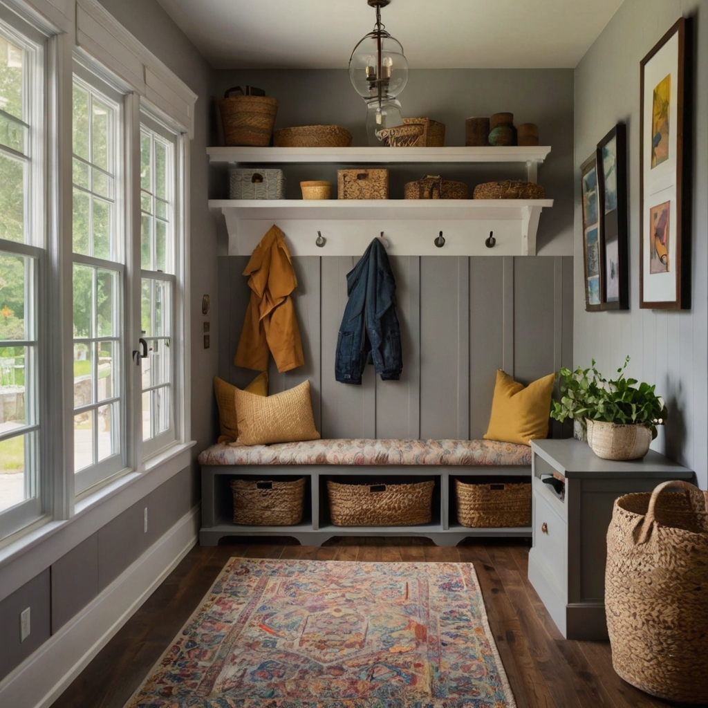 A mudroom with framed art and family photos on the walls. Soft, natural light illuminates the artwork, giving the room personality and warmth.