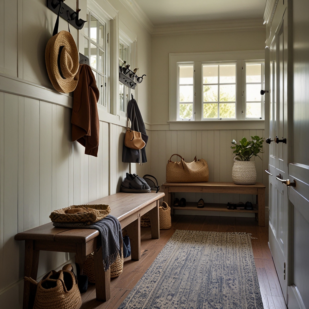 A mudroom with a large framed mirror above a wooden bench. Soft lighting enhances the reflection and the organized storage around the mirror.