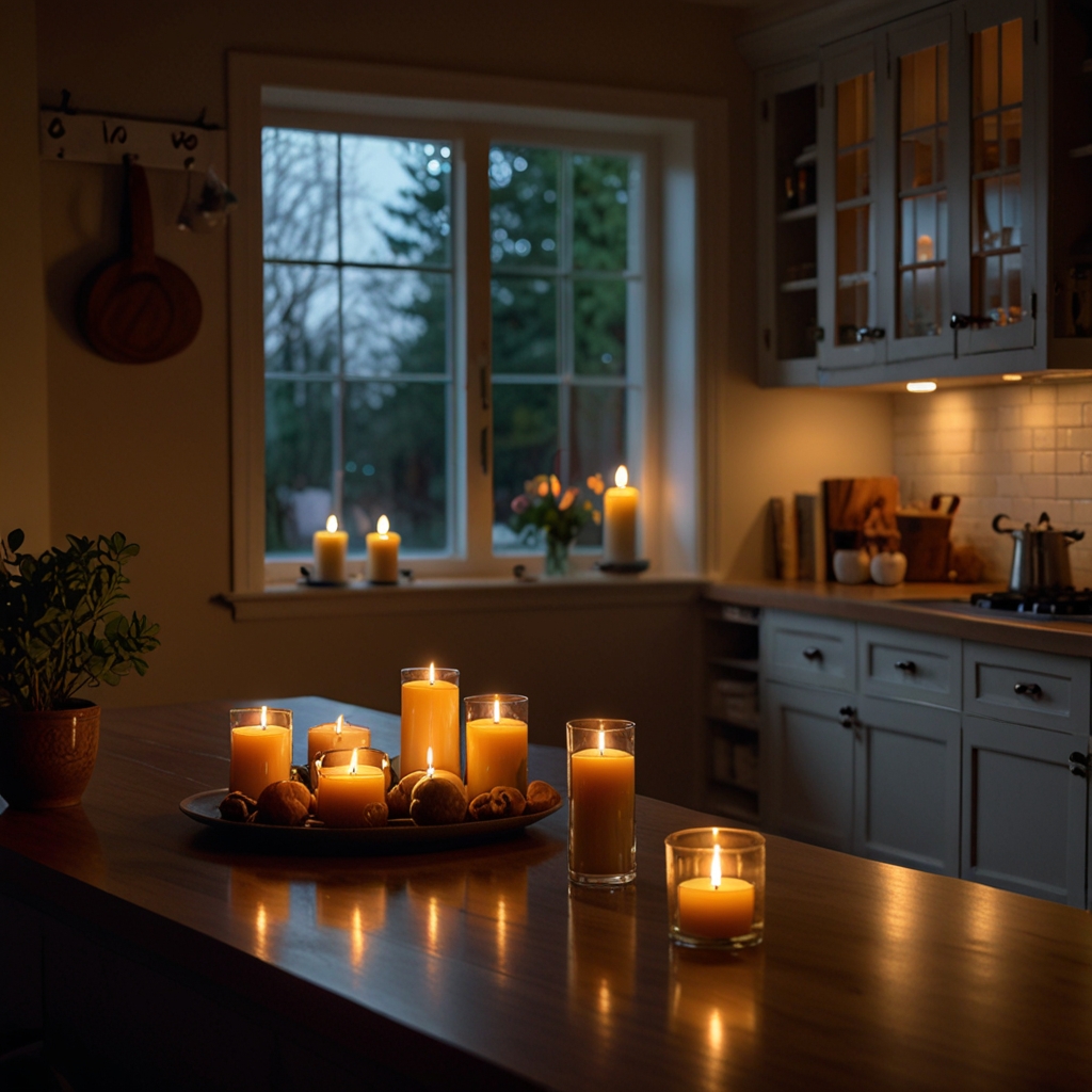 Ambient candles on the counter emit a cozy, inviting glow. Scents like vanilla create a comforting atmosphere for relaxation.