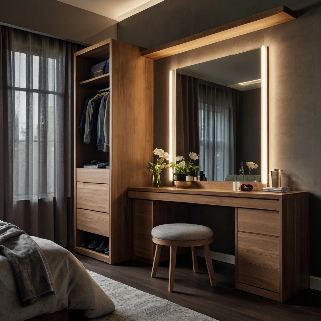 Hidden vanity with foldable mirrors and concealed storage, offering a stylish yet functional feature in the master bedroom.