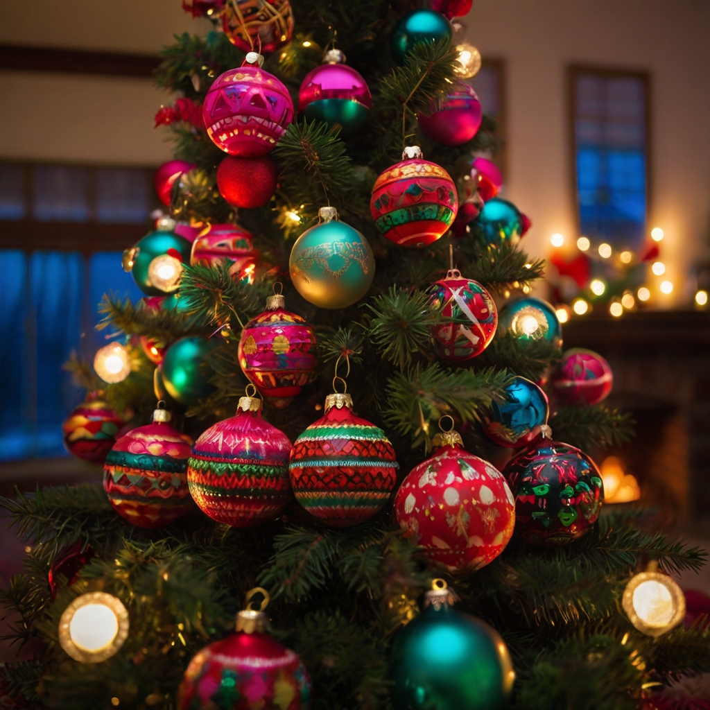 A quirky Christmas tree decked with loud, bright ornaments in neon hues. Colorful lights and the warm glow of a fireplace highlight the playful, kitschy vibe.