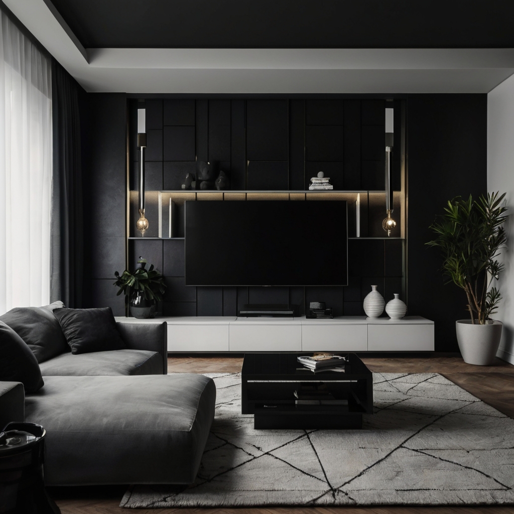 High-contrast TV room with black and white decor, minimalist art, and bold lighting. Simple, impactful design enhances the modern look.