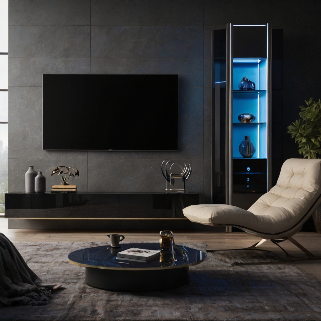 A high-tech TV unit with built-in sound systems and smart features like hidden cables. Ideal for tech-savvy homeowners looking to combine convenience with style.