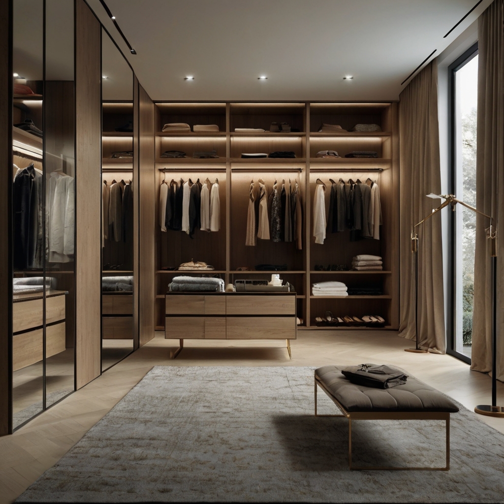 Separate, personalized closets with shelves and hanging sections, providing efficient and tailored storage for both partners.