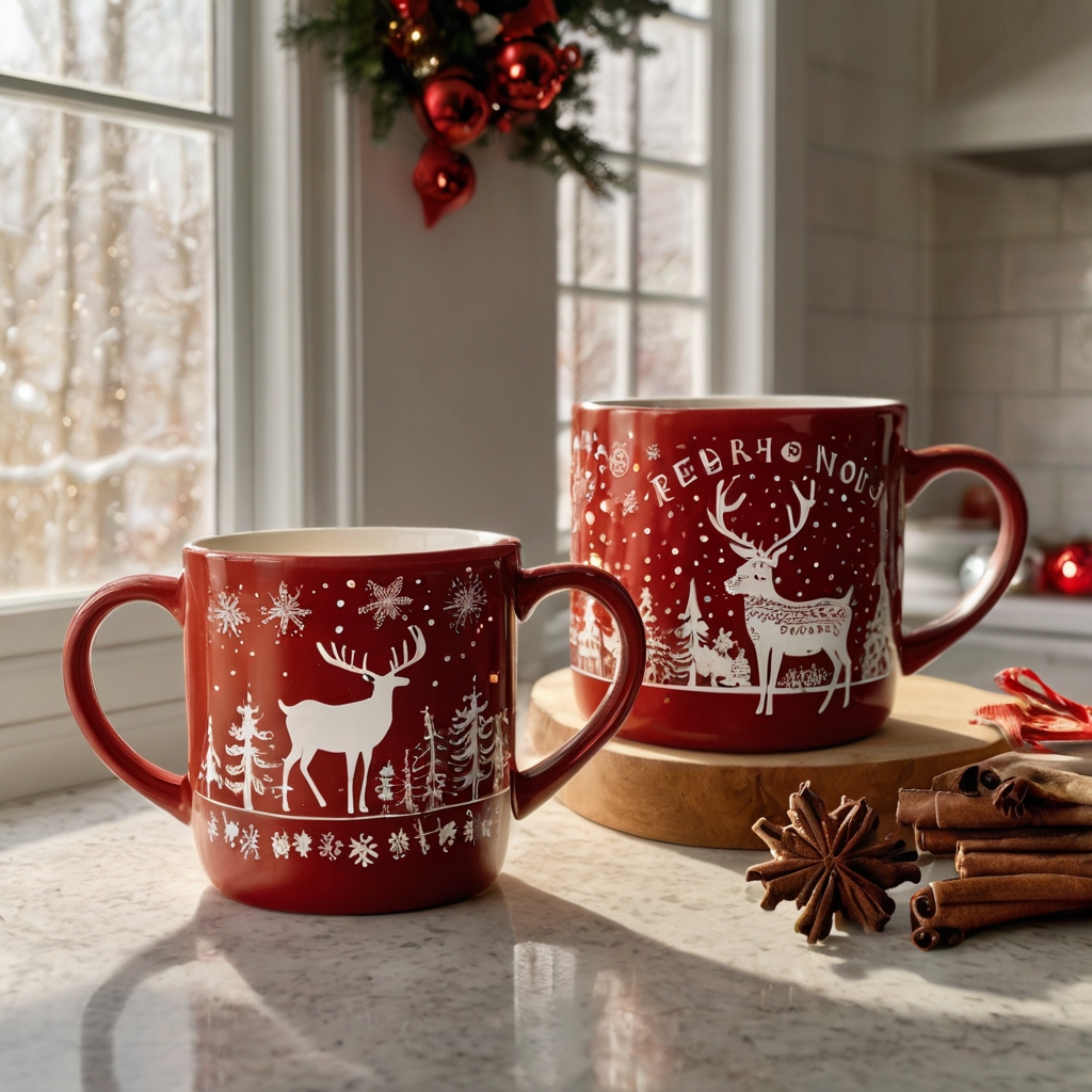 A set of oversized Christmas mugs with reindeer, snowflakes, and funny quotes, filled with hot cocoa. Golden lighting highlights the playful designs, creating a warm and festive atmosphere.