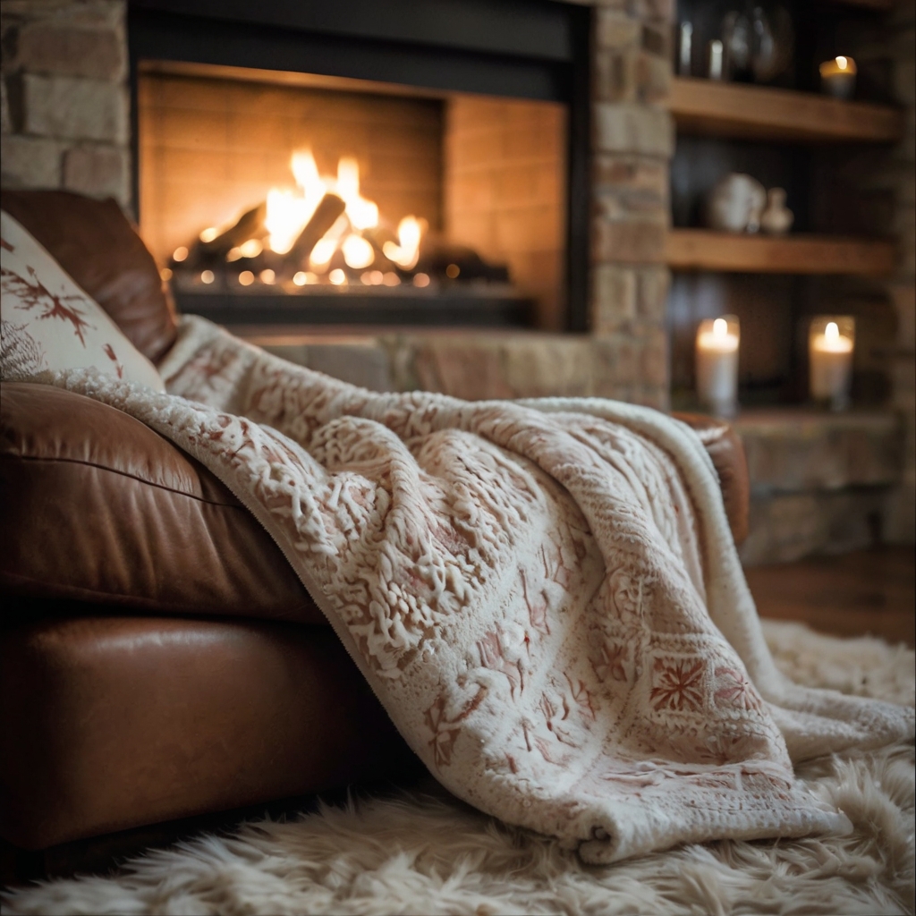 A cozy living room with a holiday-themed throw blanket featuring snowflakes and reindeer. Soft, warm lighting from a nearby fireplace creates a relaxing and festive atmosphere.