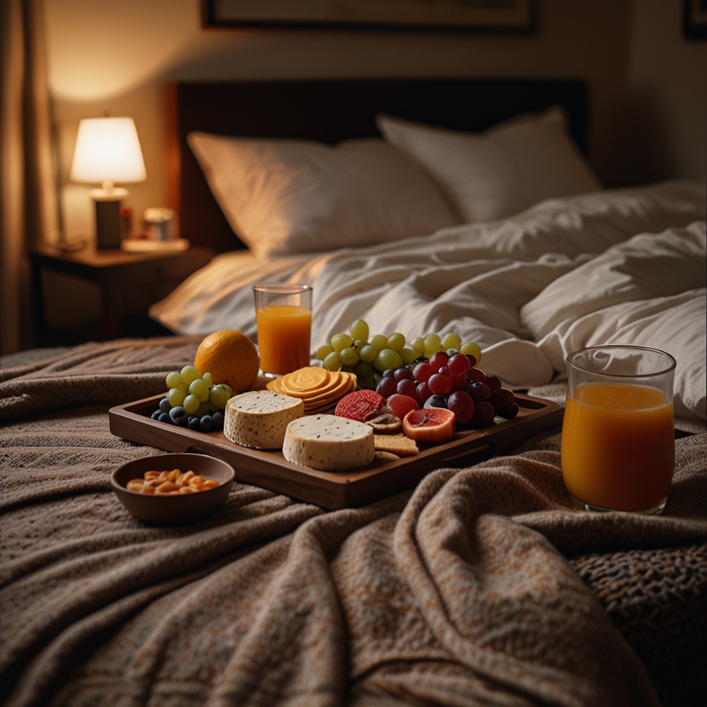 A picnic setup on the hotel room floor with a cozy blanket and a spread of snacks, perfect for a relaxed, romantic evening.