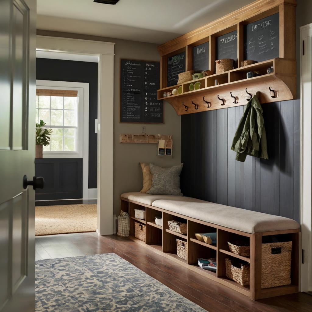 A mudroom with a chalkboard and corkboard message center for family notes. Bright lighting ensures visibility and organization for busy households.