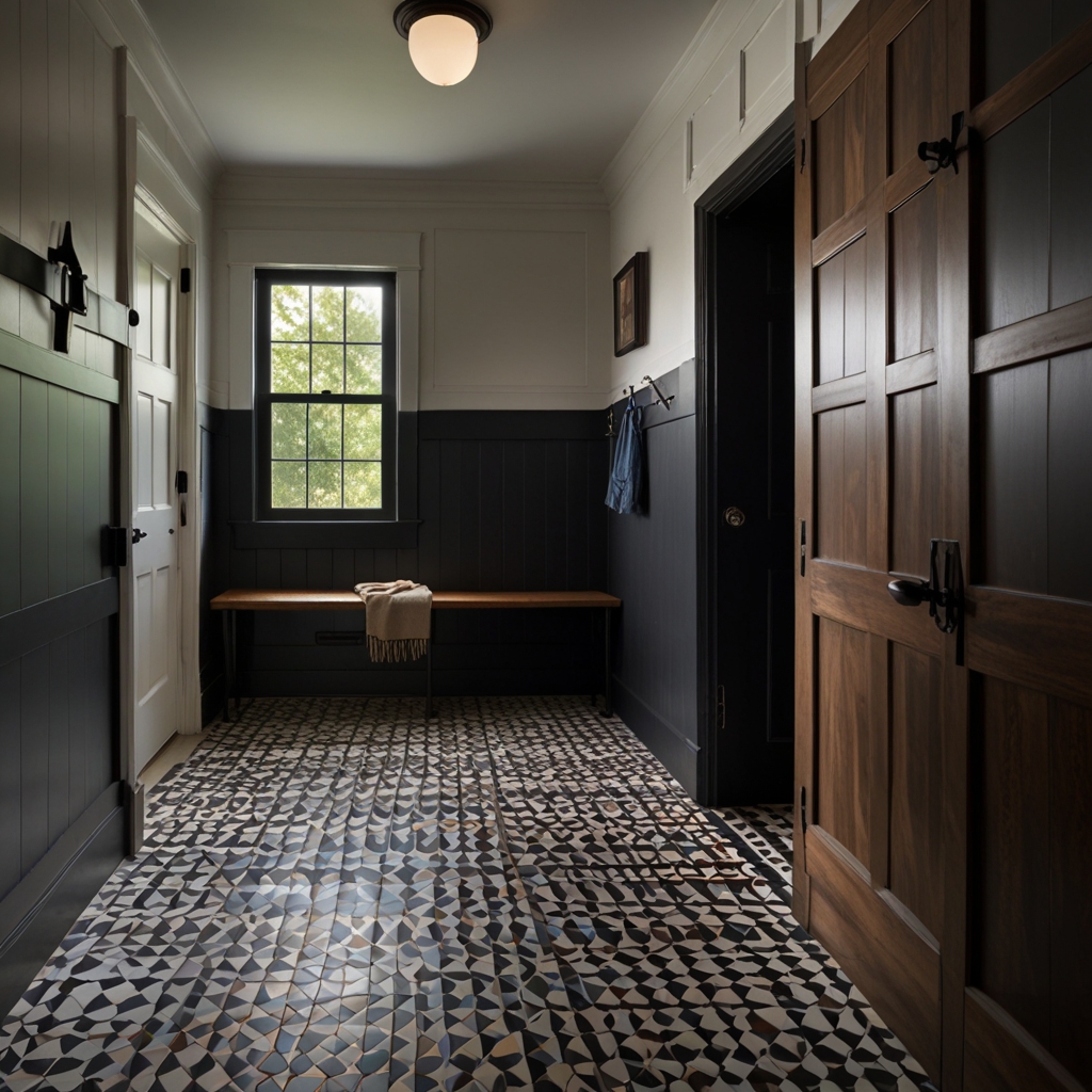 A mudroom with bold geometric black-and-white tile flooring. Bright, even lighting emphasizes the bold contrast and modern design.