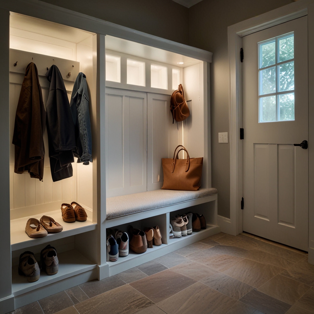 A built-in bench with hidden compartments for shoes and bags. The soft glow from frosted glass illuminates the functional and organized space.