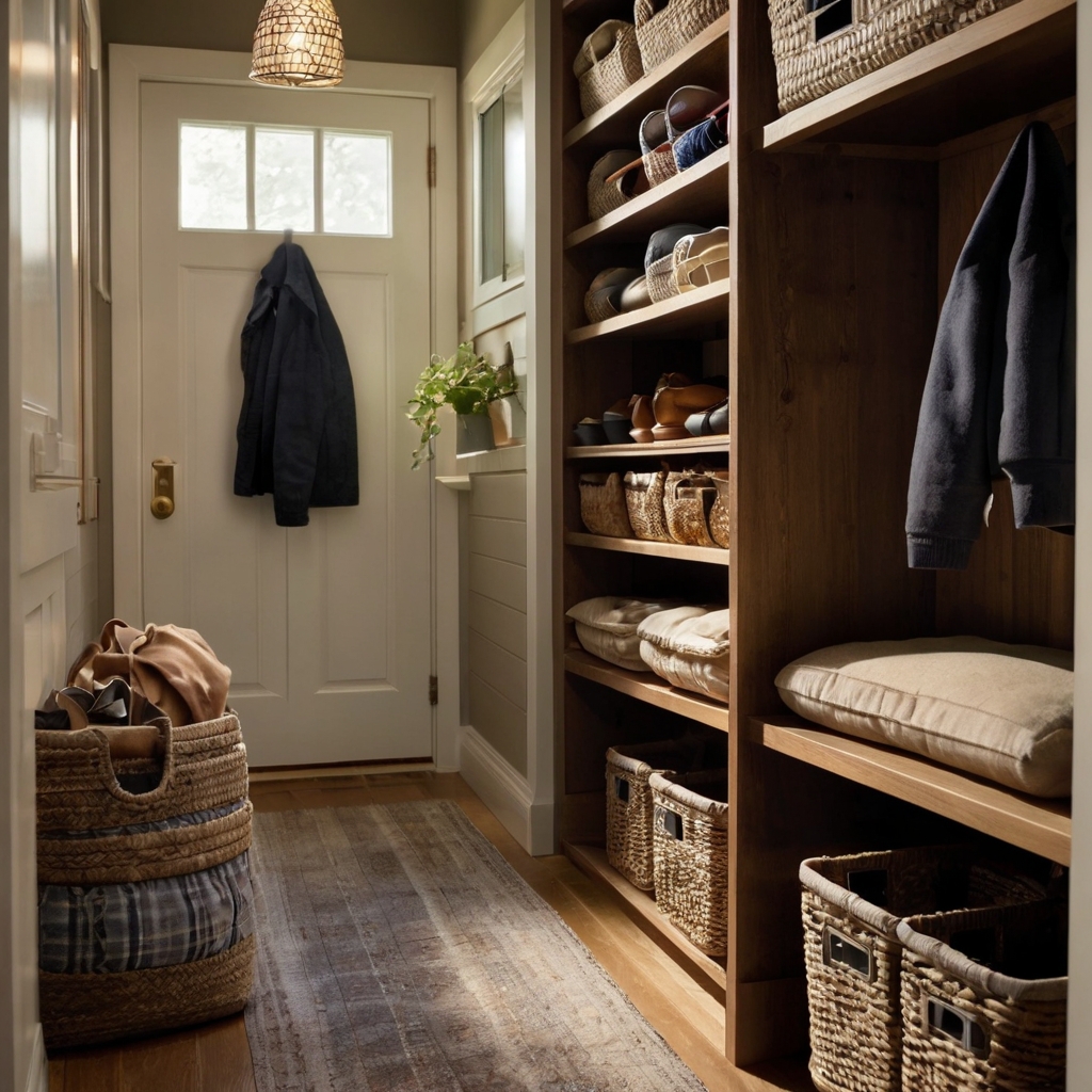 A mudroom with labeled baskets and bins for shoes, gloves, and other items. Natural light accentuates the clear organization and efficiency.