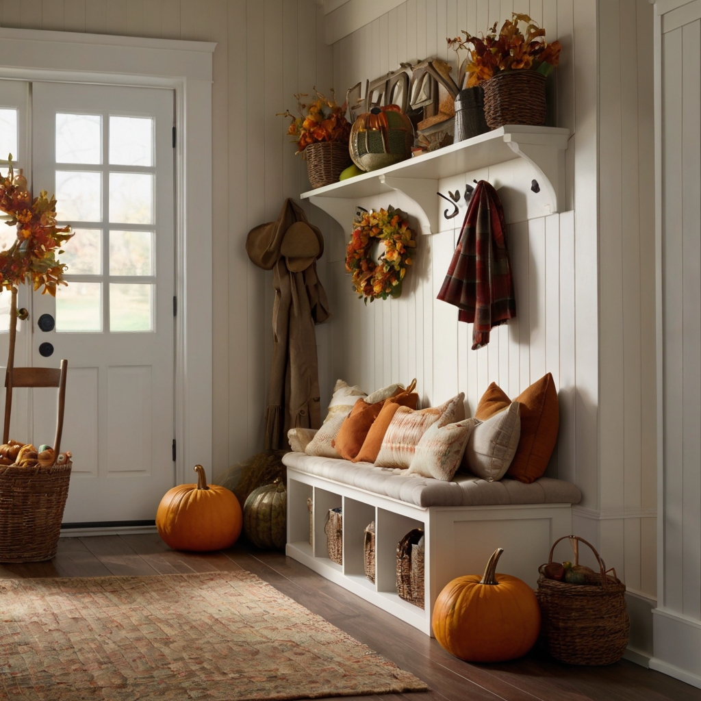 A mudroom decorated with seasonal items like fall pumpkins or spring flowers. Natural light enhances the festive décor, giving the room a fresh, seasonal touch.