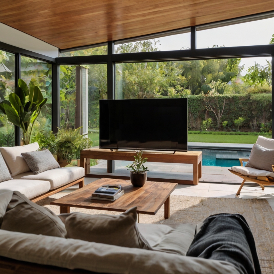 TV room with sliding doors opening to a garden patio, blending indoor comfort with an outdoor feel. Bright natural light enhances the greenery.