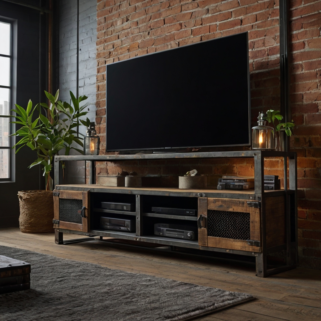 A rugged industrial TV unit made with distressed wood and metal elements, perfect for urban lofts or modern industrial homes. Features exposed bolts and raw finishes.