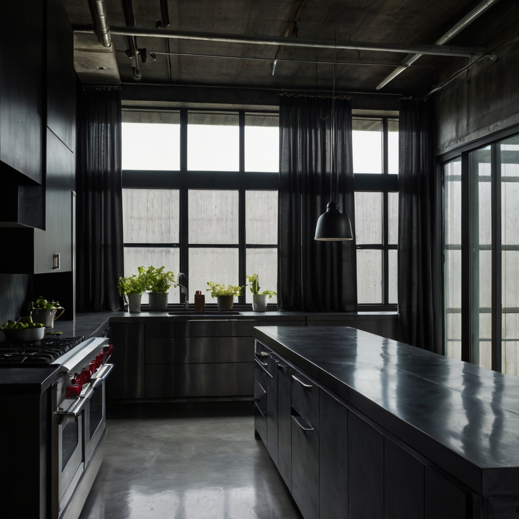 Enhance your modern industrial kitchen with sleek, dark-colored curtains. The minimalist design complements stainless steel and concrete elements.