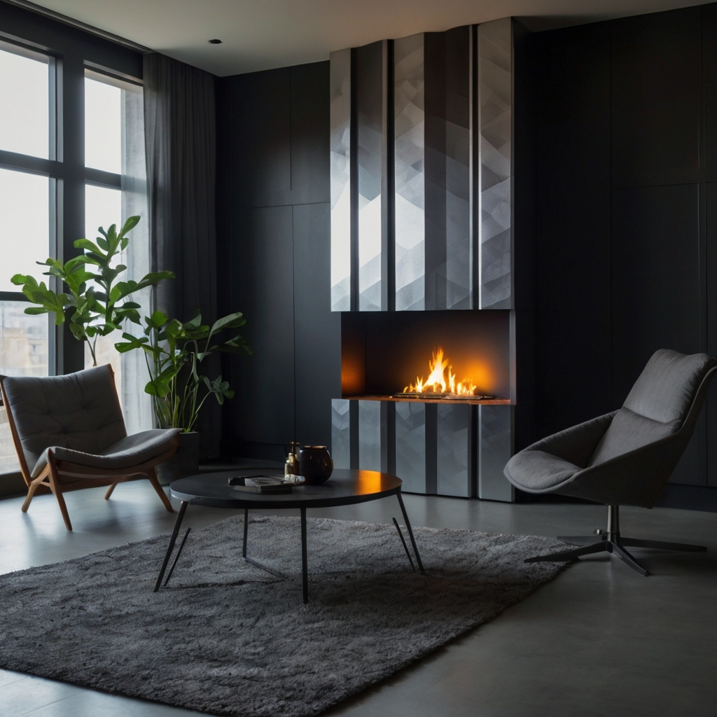 Cardboard fireplace with metallic paint and geometric shapes. Perfect for modern, industrial-style holiday décor.