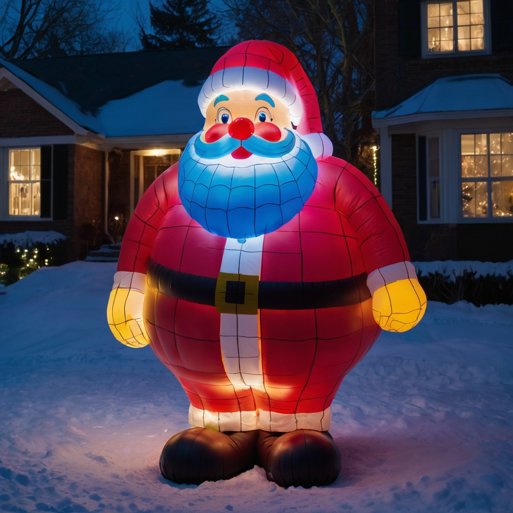 A brightly colored inflatable Santa with a glowing red nose stands proudly in a snowy yard. Colorful lights add a kitschy vibe, enhancing the playful holiday spirit.