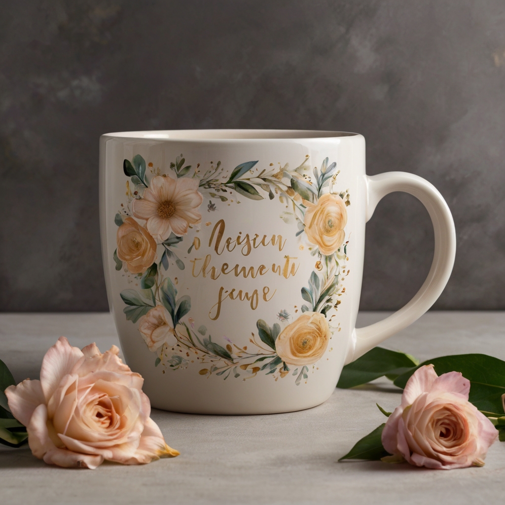 Elegant ceramic mug with a handwritten inspirational quote in cursive, surrounded by delicate floral accents and soft lighting.