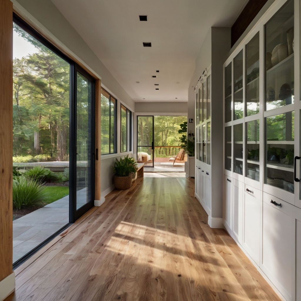 A mudroom with sliding glass doors leading outdoors. Natural light floods the room, highlighting the open and airy design.