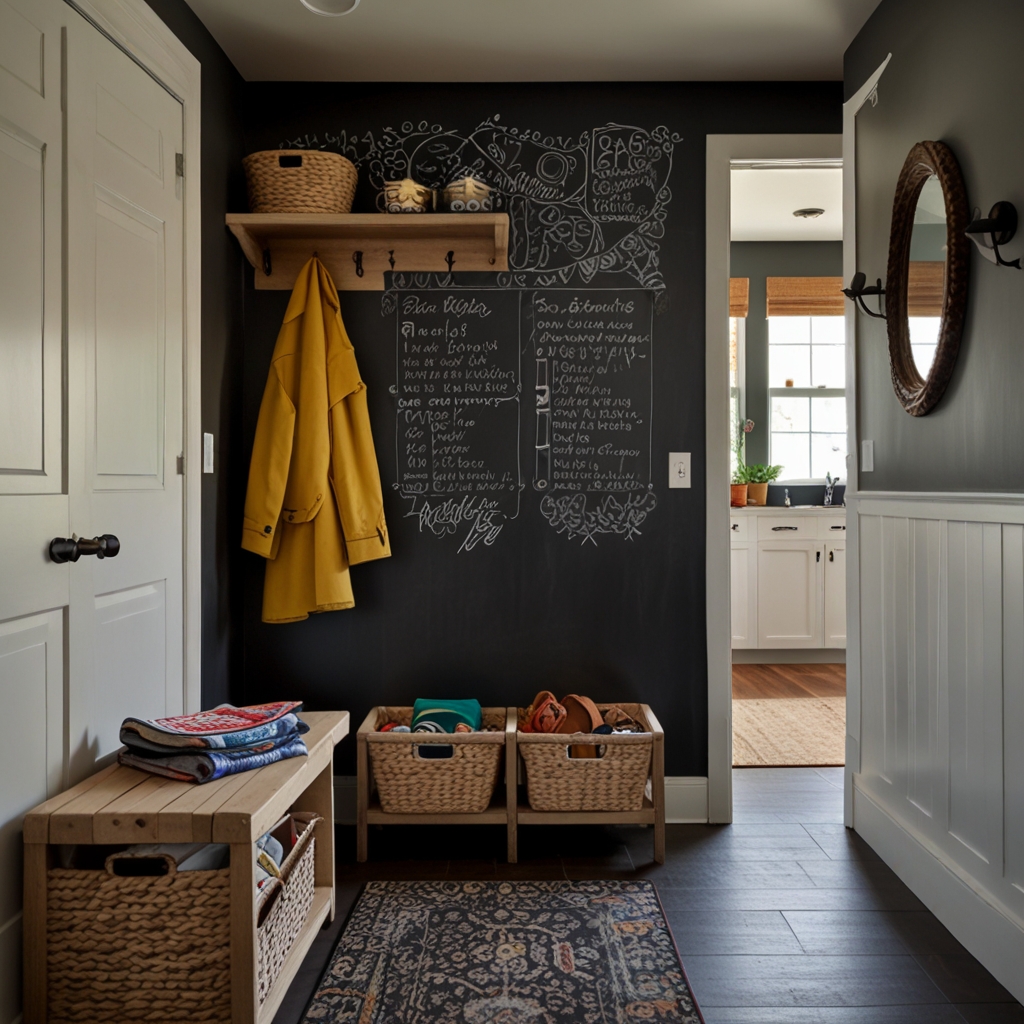 A creative mudroom with a chalkboard wall for messages and schedules. Soft natural light and a neat organizational setup create an inviting space.