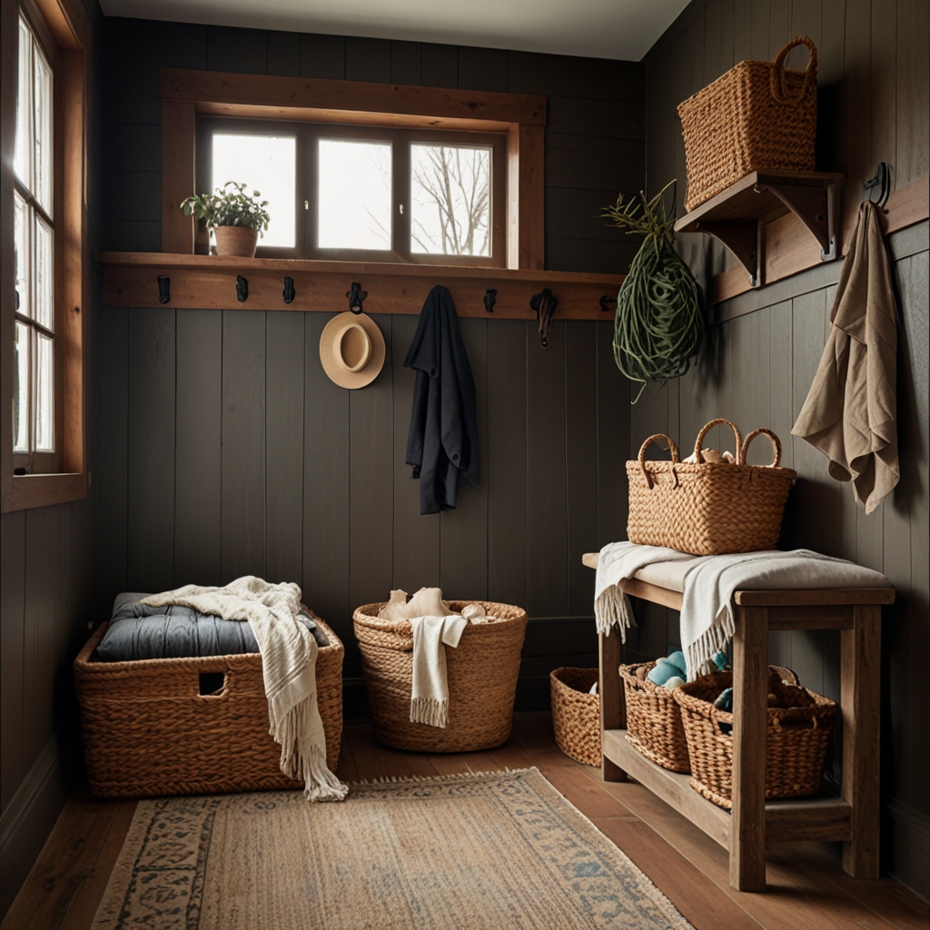 A rustic-modern mudroom with woven baskets under a wooden bench. Soft, ambient lighting emphasizes the natural texture and neatness of the storage.