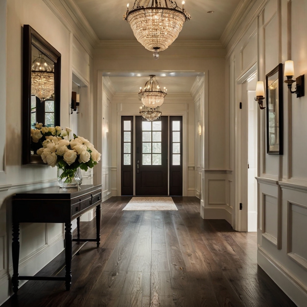 Ivory walls paired with dark espresso trims create a refined, timeless look. The rich contrast is perfect for dining rooms or hallways that need a classic touch.