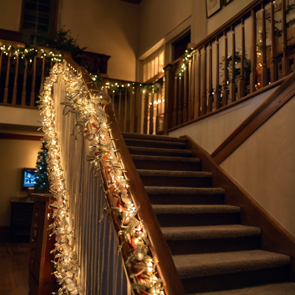 A festive garland of popcorn and tinsel drapes over a wooden staircase. Soft golden lighting brings out its vintage, homemade charm, adding warmth to the scene.