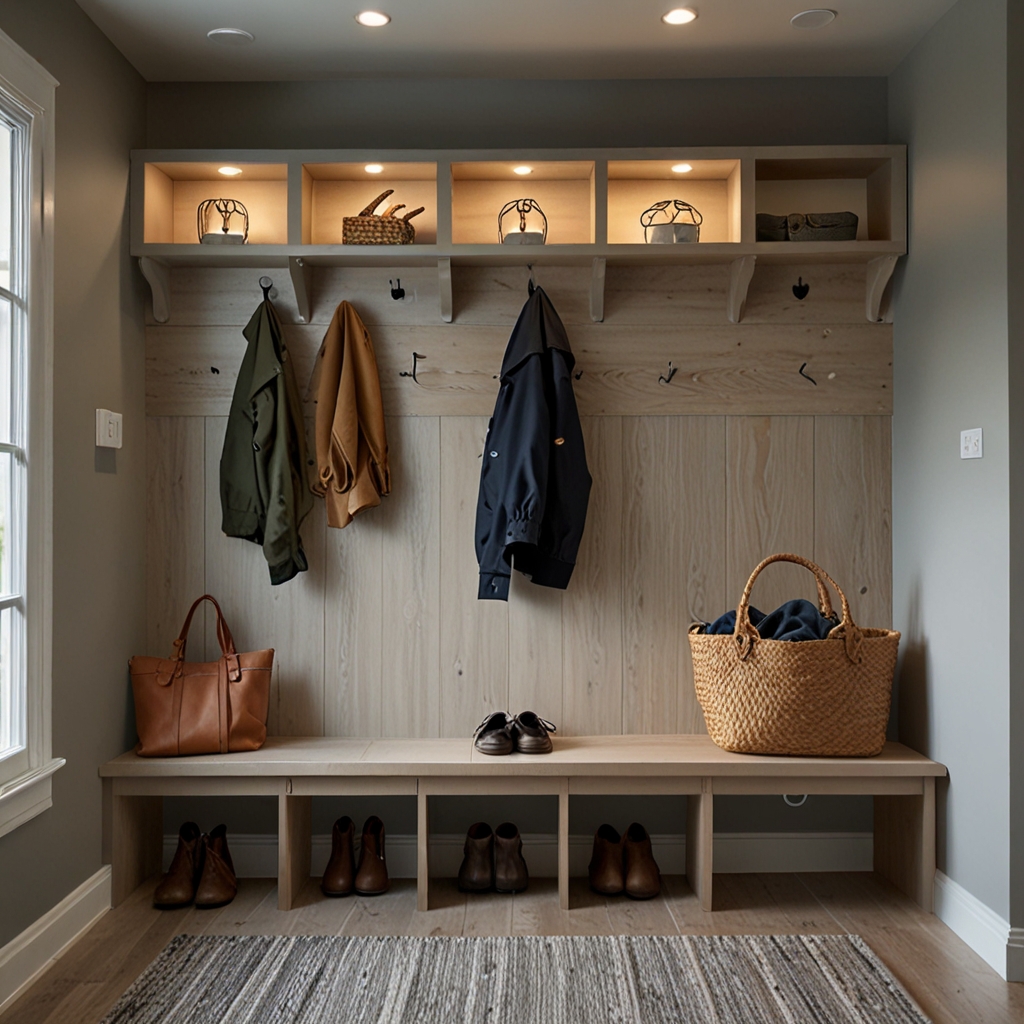 A mudroom with organized coat hooks and a clean, tidy design. Natural light illuminates the storage area, keeping coats neatly arranged.