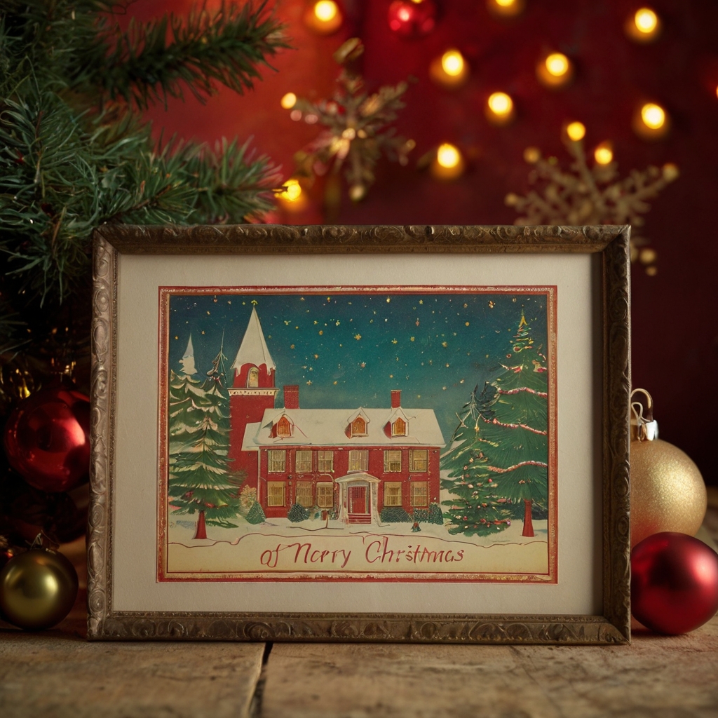 A framed vintage Christmas card with humorous messages brightens up a wall. Soft golden lighting highlights the playful art, enhancing the festive atmosphere.