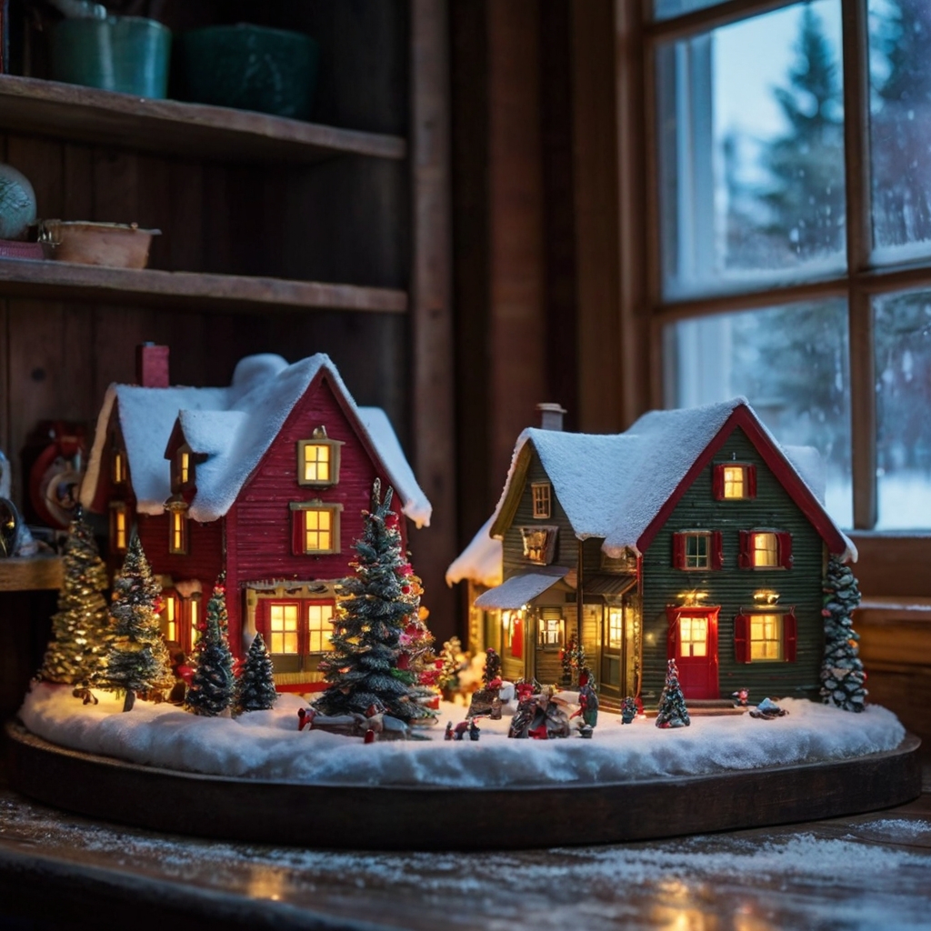 A miniature Christmas village with brightly colored houses and twinkling lights on a mantelpiece. Soft lighting enhances the whimsical glow, evoking a peaceful winter wonderland.