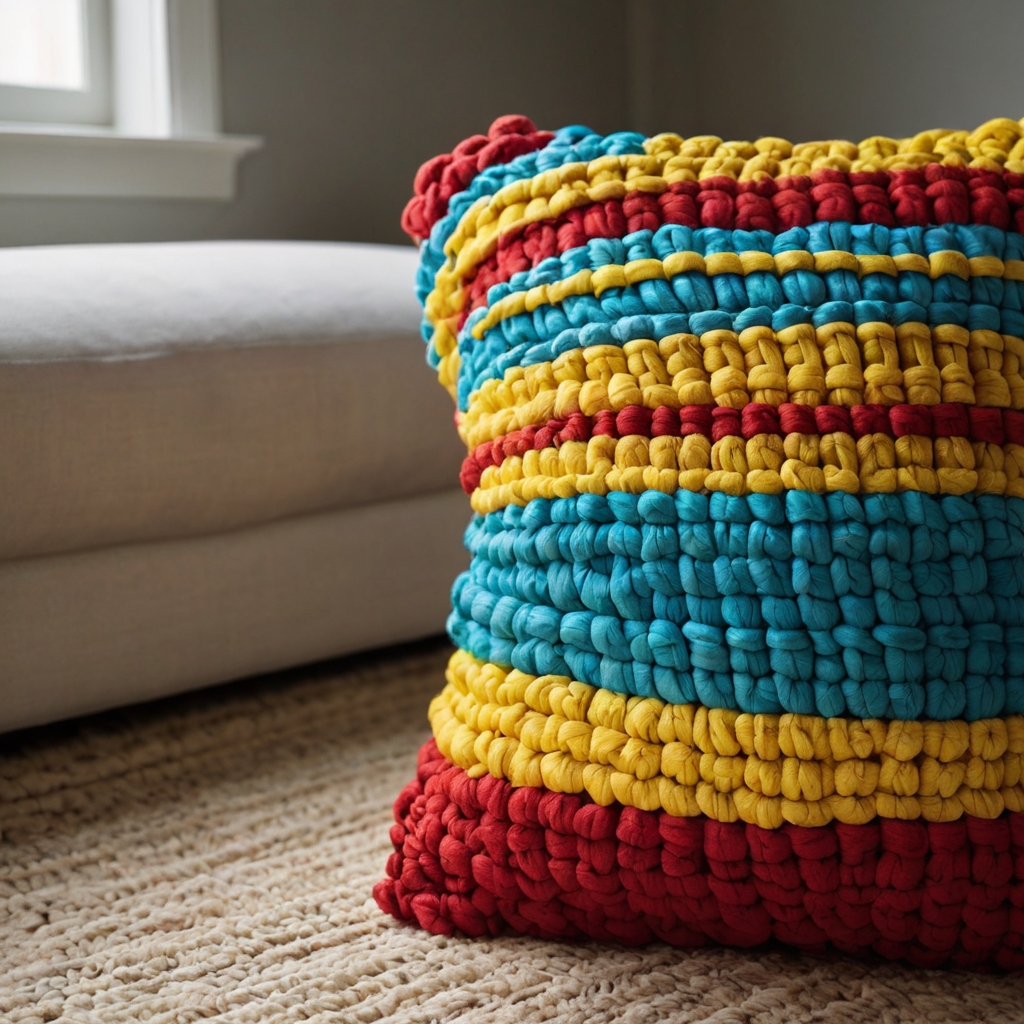 Design a knotted floor pillow by tying fabric strips together for a unique, playful touch. Great for smaller spaces or adding color to a room.