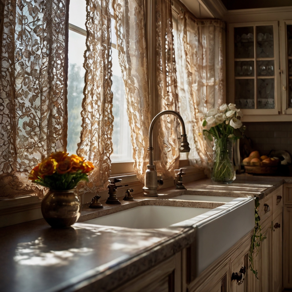 Add a feminine touch with lace curtains above your sink. Intricate lace patterns filter soft light, creating a delicate and elegant vibe.