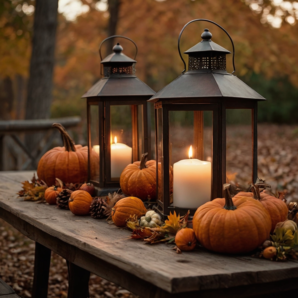 Lanterns filled with candles and seasonal elements like pinecones or leaves create a warm, inviting centerpiece. Their soft light adds a cozy touch to the table.